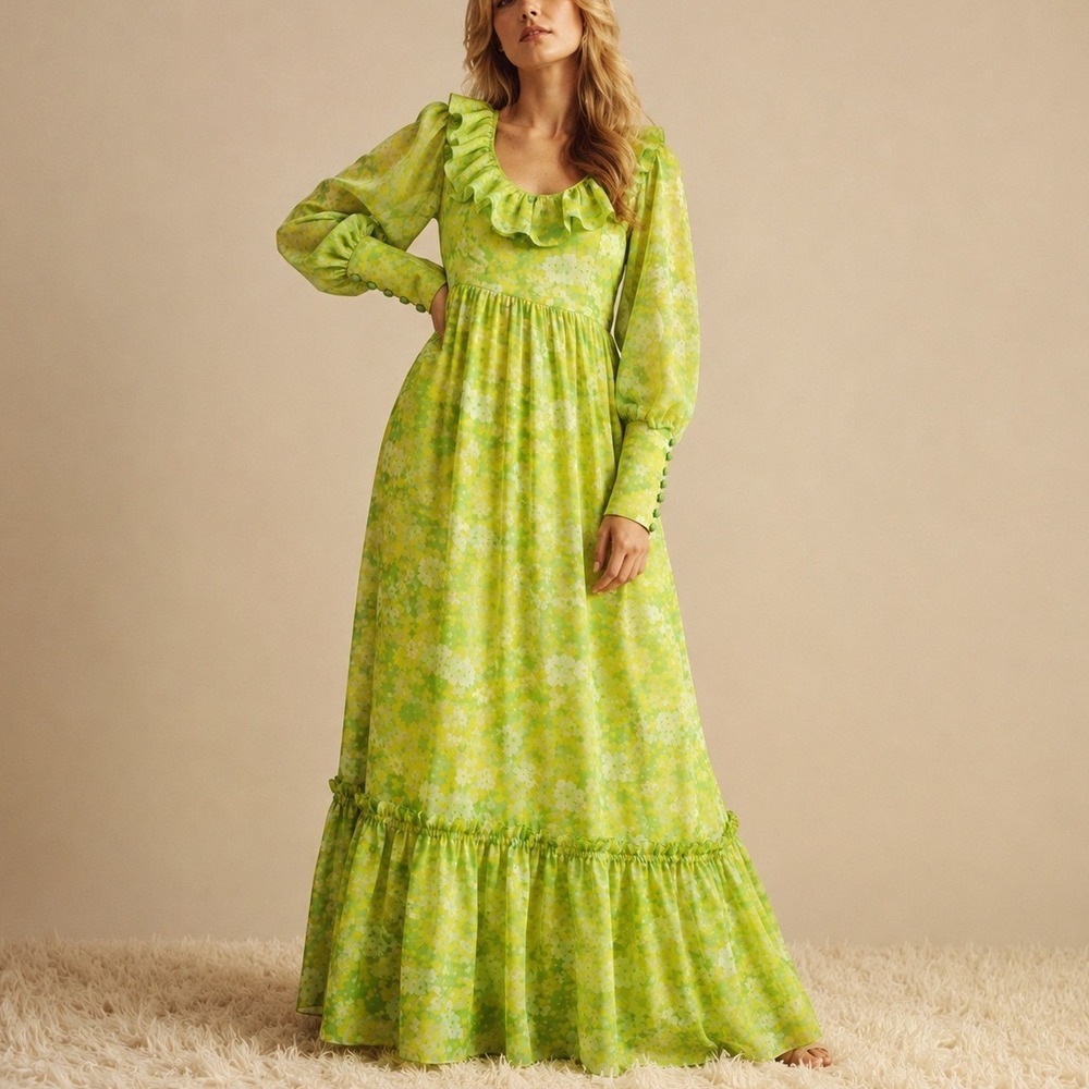 VINTAGE 1970s Lime Green Floral Prairie Maxi Dress Ruffle Boho Cottagecore